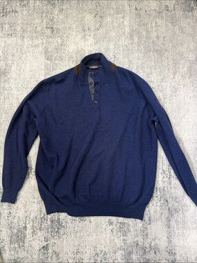Men's Navy Button-Up Henley Sweater with Elbow Patch